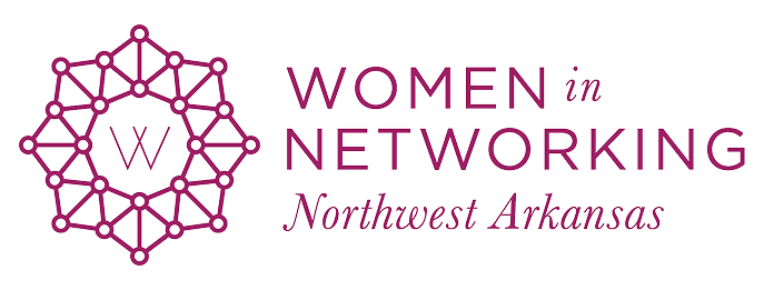 Logo for Women in Networking Northwest Arkansas, featuring a geometric network design with a W in the center, and the organizations name written in purple text to the right.